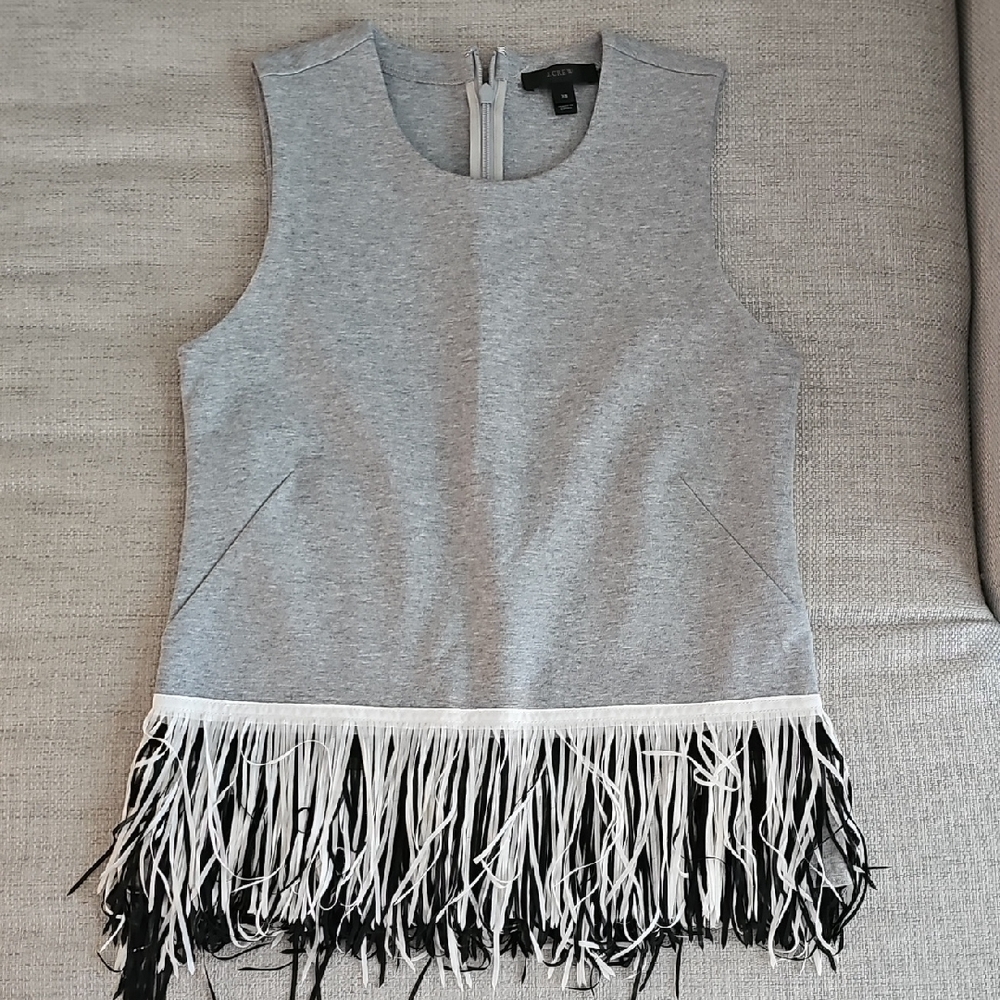 J Crew Gray Sleeveless Top with Black And White  Fringe